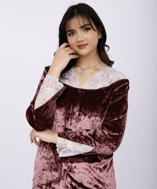Pyjama Chemise Velours & Dentelle Vieux Rose
