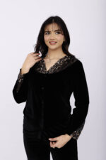 Pyjama Chemise Velours & Dentelle Noir