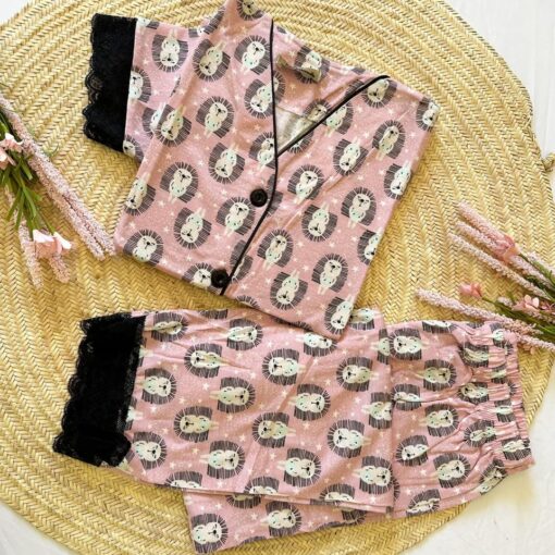 Pyjama Pantalon Coton Rose & Dentelle Noire