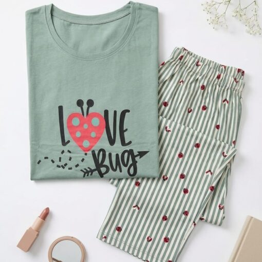 Pyjama Coton Manches Longues Vert Doux Imprimé Coccinelles