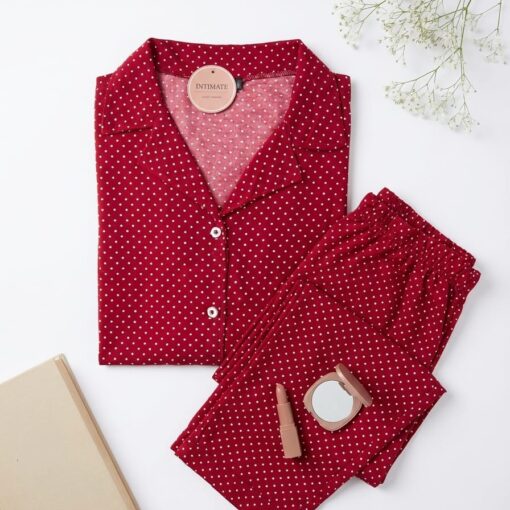 Pyjama Chemise Manches Longues Coton Rouge Pointillé en Blanc