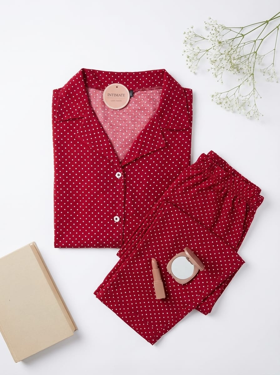 IMG-20260316-WA0056 Pyjama Chemise Manches Longues Coton Rouge Pointillé en Blanc – Image 1