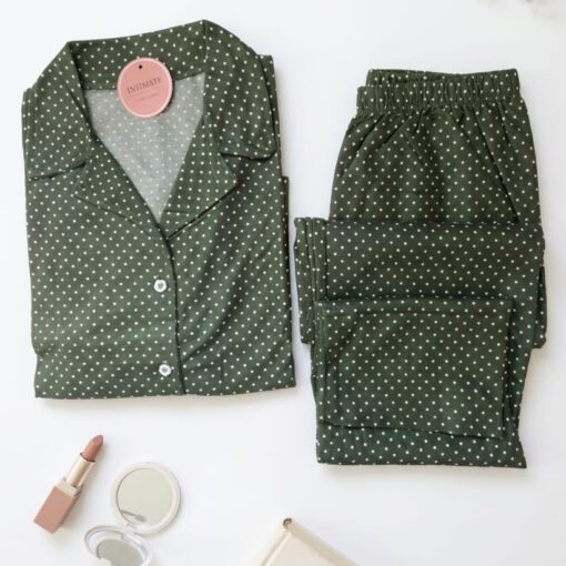 Pyjama Chemise Manches Longues Coton Vert Pointillé en Blanc