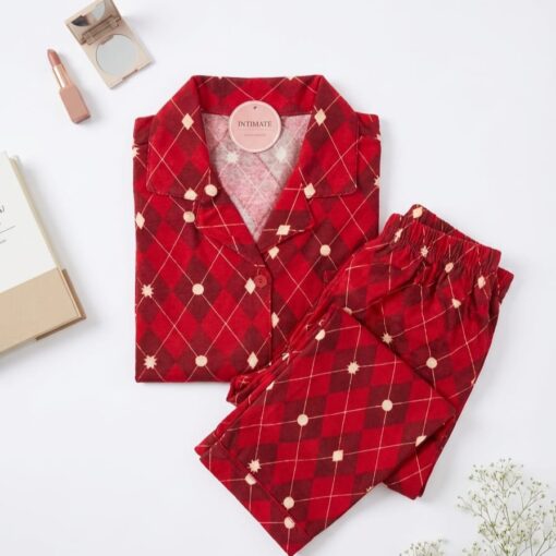 Pyjama Chemise Manches Longues Coton Rouge Carreaux