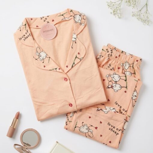 Pyjama Chemise Coton Manches Longues Saumon