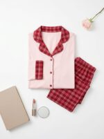 Pyjama Chemise Manches Longues Coton Rose & Rouge Carreaux