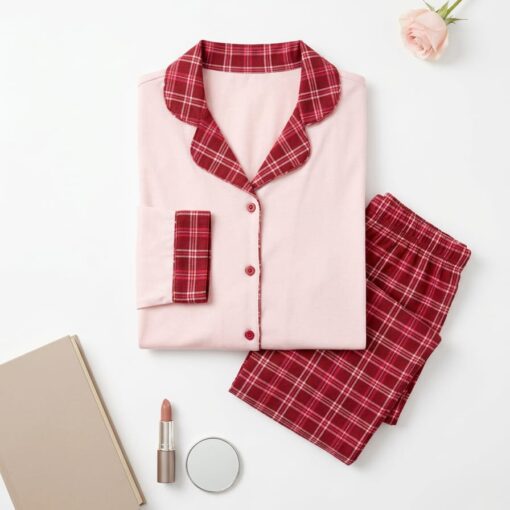 Pyjama Chemise Manches Longues Coton Rose & Rouge Carreaux