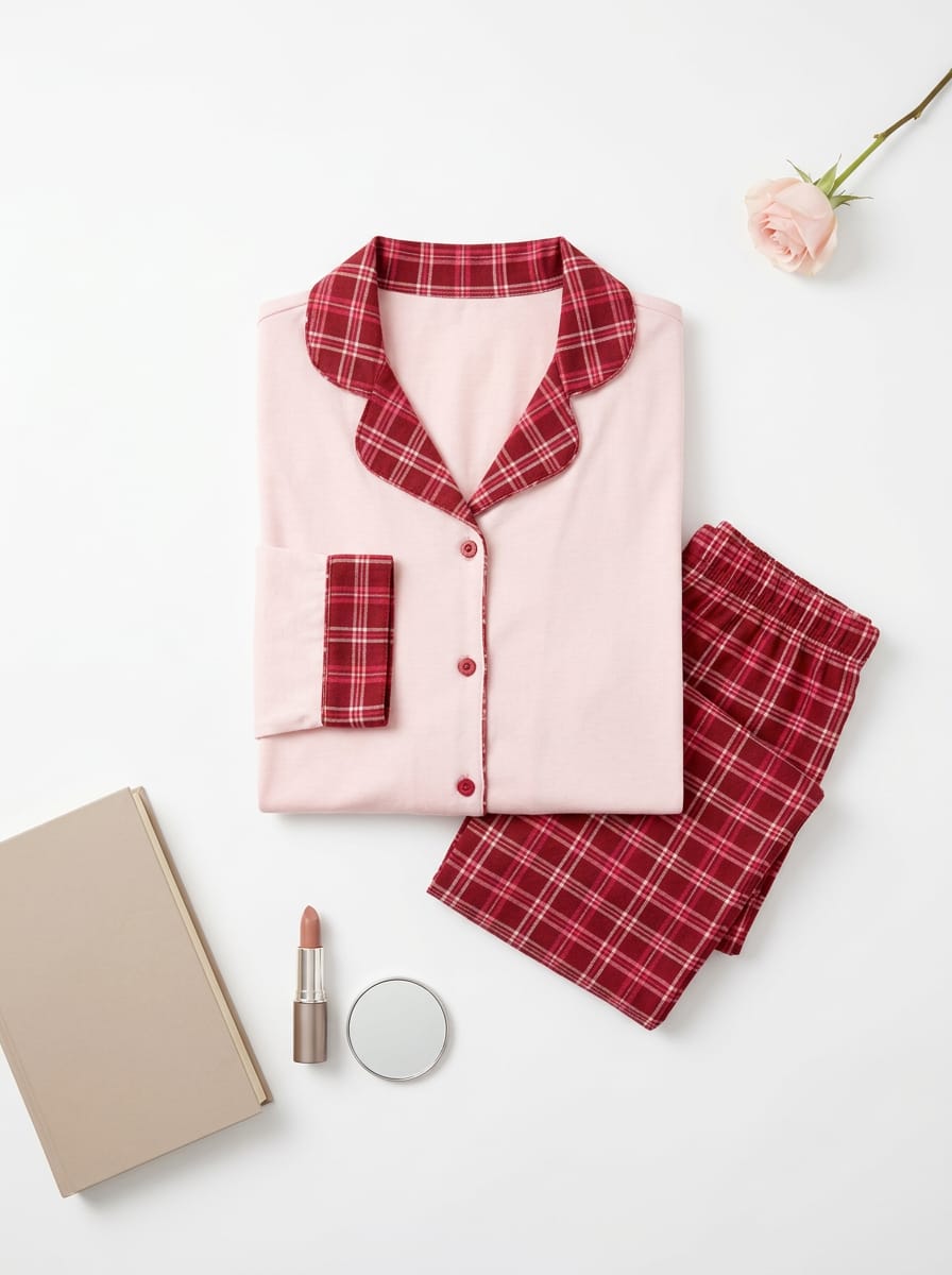 IMG-20260317-WA0417 Pyjama Chemise Manches Longues Coton Rose & Rouge Carreaux – Image 1
