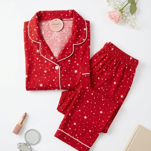 Pyjama Chemise Manches Longues Coton Rouge Pointillé Étoiles