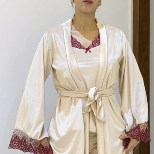 Parure Velours & Dentelle Beige & Rouge Bordeaux Pièces & 2 Accessoires