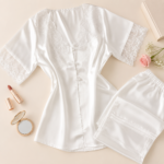 Pyjama Chemise Demi Manches Satin & Dentelle en Blanc – Image 2