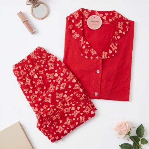 Pyjama Chemise Coton Rouge Imprimé Papillons