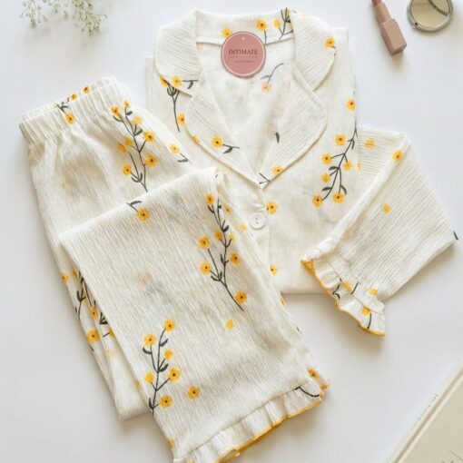 Pyjama Chemise Blanc Imprimé Fleurs Jaunes