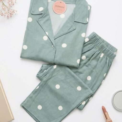Pyjama Chemise Coton Vert Doux Pointillé