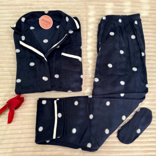 Pyjama Chemise Polaire Bleu Marine Pointillé