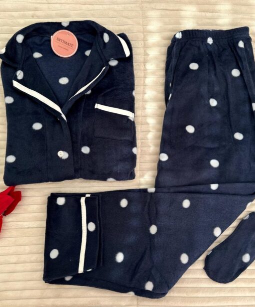 Pyjama Chemise Polaire Bleu Marine Pointillé