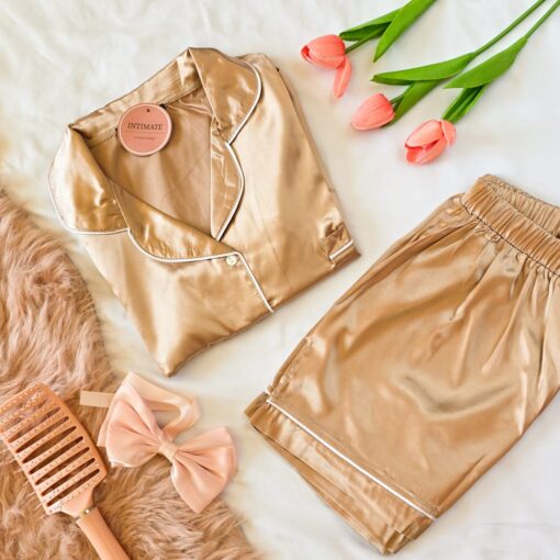 Pyjama Short Satin Demi Manches Beige Rosé