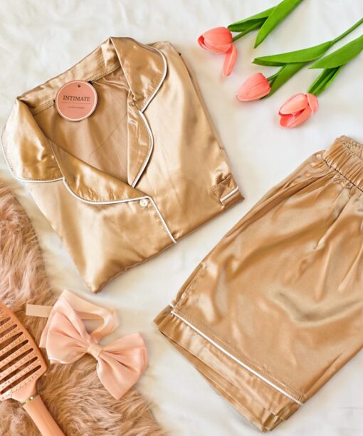 Pyjama Short Satin Demi Manches Beige Rosé