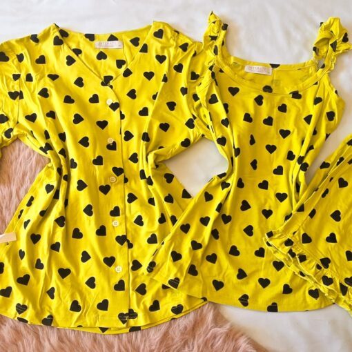 Pyjama 3 Pièces Coton Viscose Jaune Pointillé Cœurs Noirs