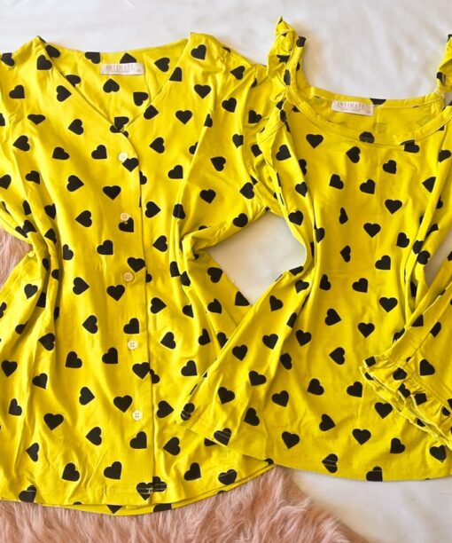 Pyjama 3 Pièces Coton Viscose Jaune Pointillé Cœurs Noirs