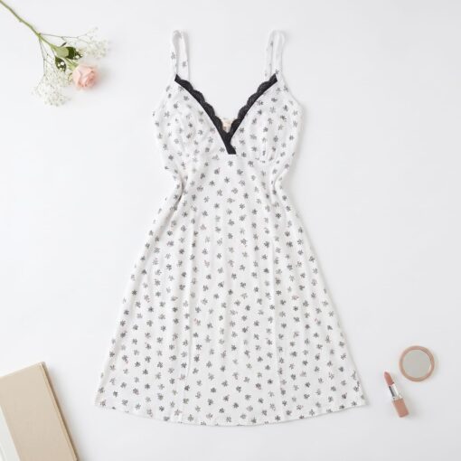 Pyjama Robe Bretelles en Coton Viscose en Gris & Dentelle Noire