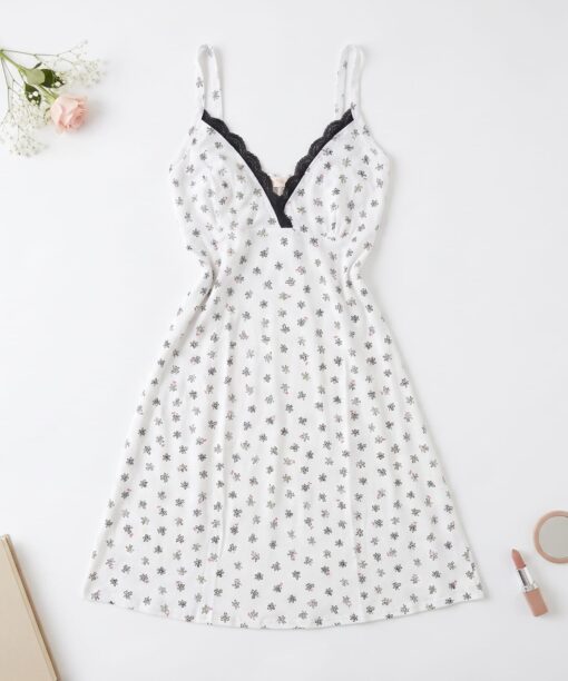 Pyjama Robe Bretelles en Coton Viscose en Gris & Dentelle Noire