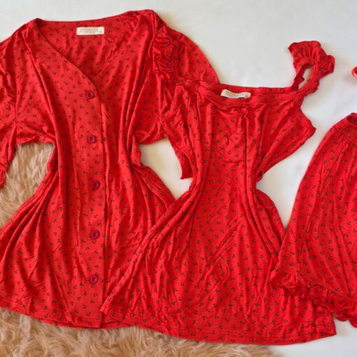 Pyjama 3 Pièces Coton Viscose Rouge Pointillé Marin