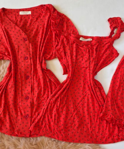 Pyjama 3 Pièces Coton Viscose Rouge Pointillé Marin