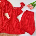 Pyjama 3 Pièces Coton Viscose Rouge Pointillé Marin – Image 2