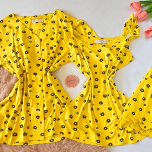 Pyjama 3 Pièces Coton Viscose Jaune Pointillé Fleurs Noirs