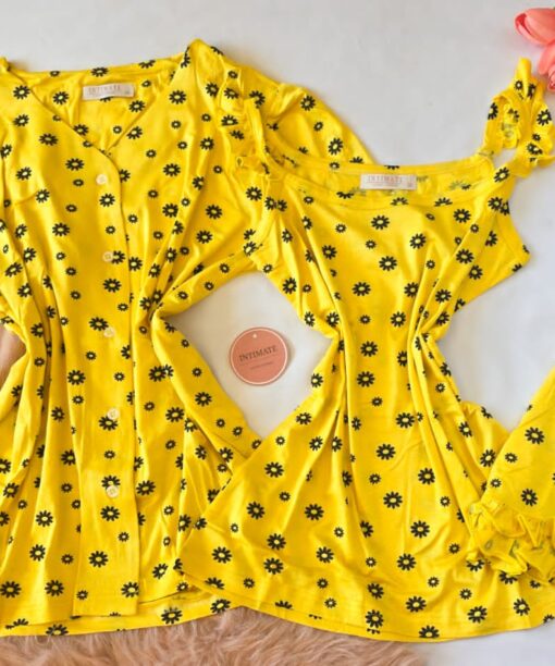 Pyjama 3 Pièces Coton Viscose Jaune Pointillé Fleurs Noirs