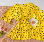 Pyjama 3 Pièces Coton Viscose Jaune Pointillé Fleurs Noirs – Image 2