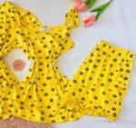 Pyjama 3 Pièces Coton Viscose Jaune Pointillé Fleurs Noirs – Image 3