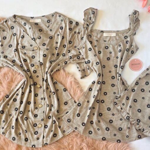 Pyjama 3 Pièces Coton Viscose Gris Pointillé Fleurs Noirs