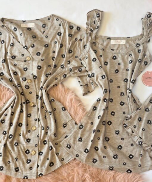 Pyjama 3 Pièces Coton Viscose Gris Pointillé Fleurs Noirs