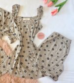 Pyjama 3 Pièces Coton Viscose Gris Pointillé Fleurs Noirs – Image 2