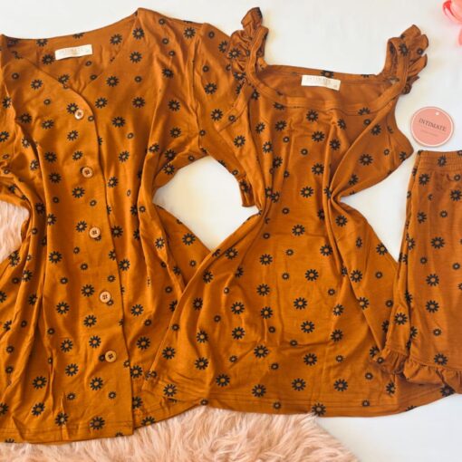 Pyjama 3 Pièces Coton Viscose Orangé Pointillé Fleurs Noirs