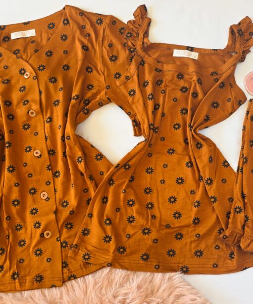 Pyjama 3 Pièces Coton Viscose Orangé Pointillé Fleurs Noirs