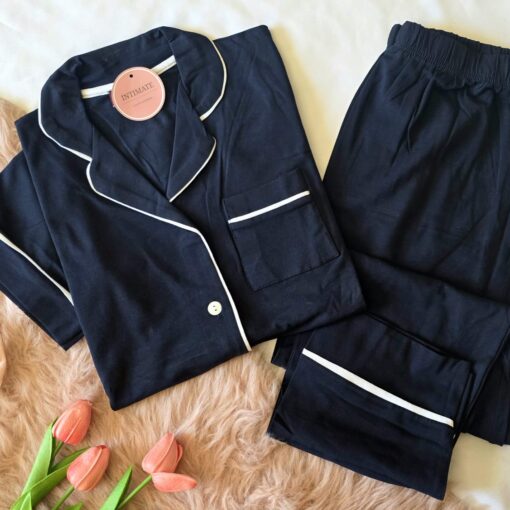 Pyjama Chemise Coton Demi Manches Bleu Nuit