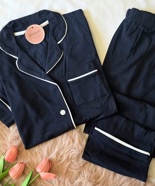 Pyjama Chemise Coton Demi Manches Bleu Nuit