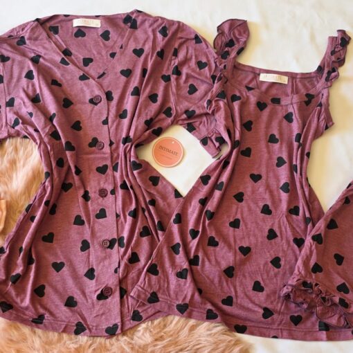 Pyjama 3 Pièces Coton Viscose Violet Pointillé Cœurs Noirs