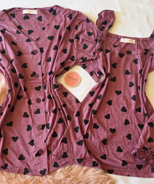 Pyjama 3 Pièces Coton Viscose Violet Pointillé Cœurs Noirs