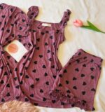 Pyjama 3 Pièces Coton Viscose Violet Pointillé Cœurs Noirs – Image 2