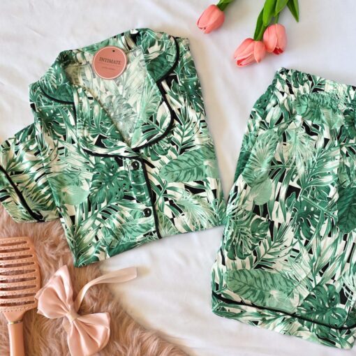 Pyjama Chemise et Short Coton Vert Imprimé