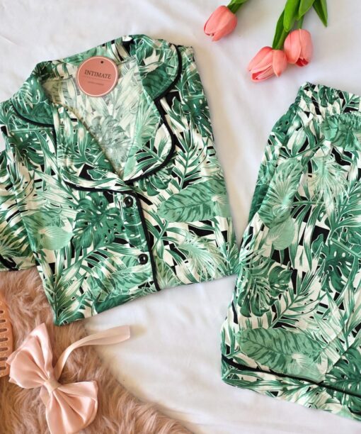 Pyjama Chemise et Short Coton Vert Imprimé