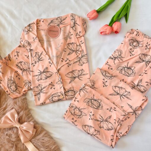 Pyjama Chemise Coton Demi Manches Saumon