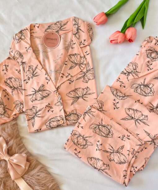 Pyjama Chemise Coton Demi Manches Saumon