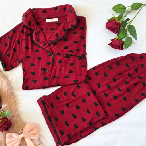 Pyjama Chemise Rouge Imprimé Cœurs