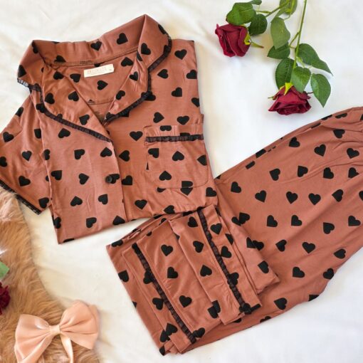 Pyjama Chemise Rouge Brique Imprimé Cœurs
