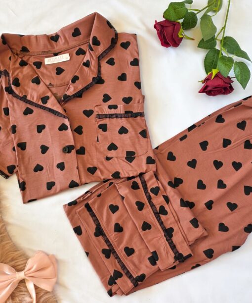 Pyjama Chemise Rouge Brique Imprimé Cœurs